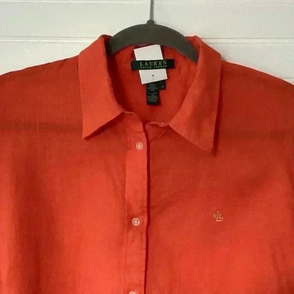 Lauren Ralph Lauren Orange 100% Linen 3/4 Sleeve Casual Button Up Shirt Size 1X - Picture 2 of 11